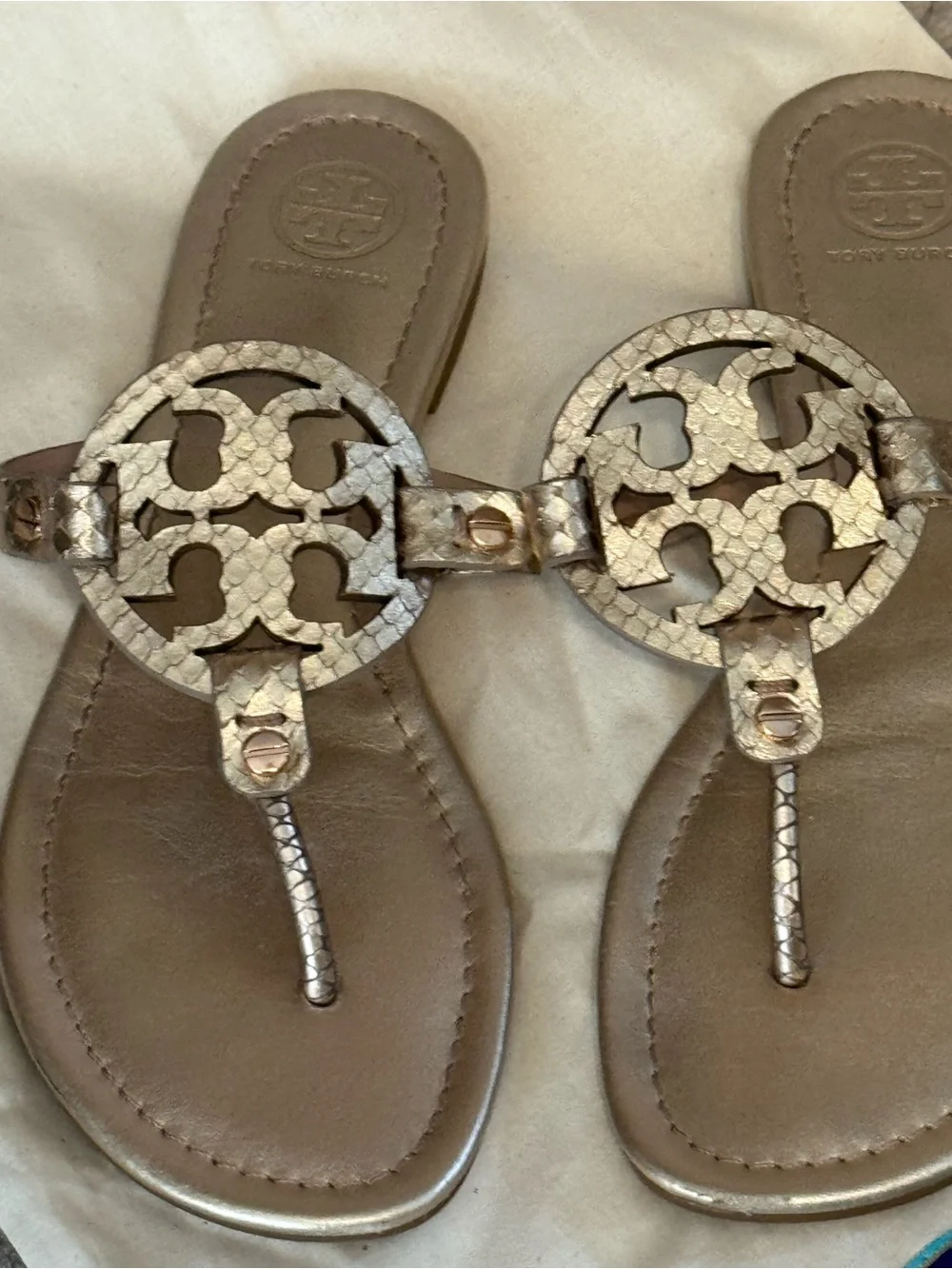 Tory Burch Gold Metallic Logo Thong Sandals